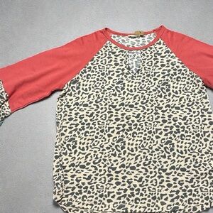Leopard Print Women’s Top with Red and Teal Accent Long Sleeves